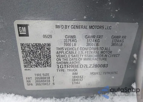 2020 GMC Sierra 1500 Sle z USA, uszkodzony, nr VIN 1GTR9BED7LZ280083